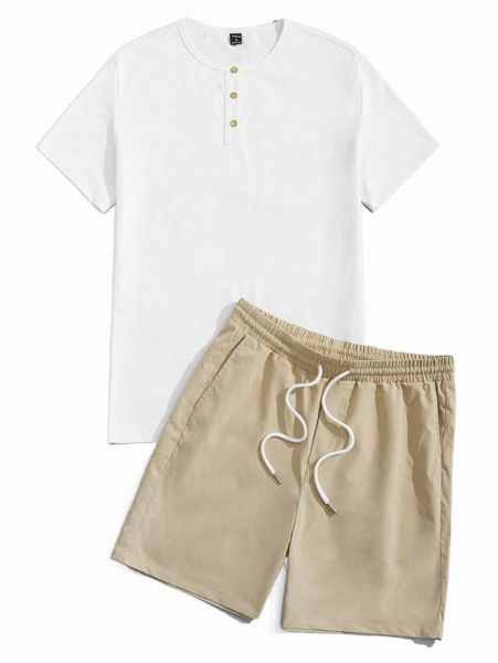 

men solid button front tee & drawstring waist shorts set k25i#, Gray