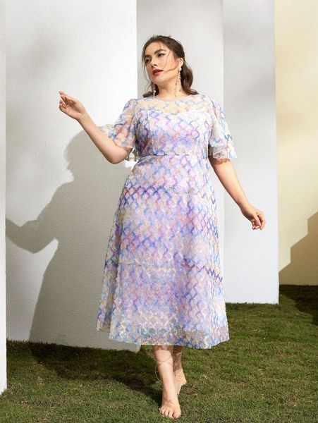 

plus allover print a-line contrast sequin butterfly sleeve dress k5gs#, Black