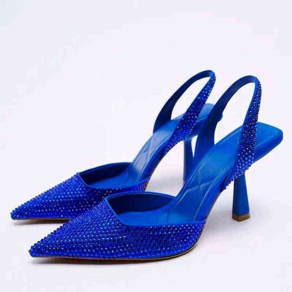 Stilettos Ladies Sandals Azul de salto alto de salto alto estilo romano estilettos casuais preto bege laranja fechamento de cinta sapatos de cristal mulas g220527