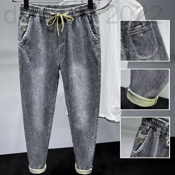 

men's jeans designer tether elastic waist spring jeans men's korean version chao brand small foot slim fit cotton embroidered deni, Blue