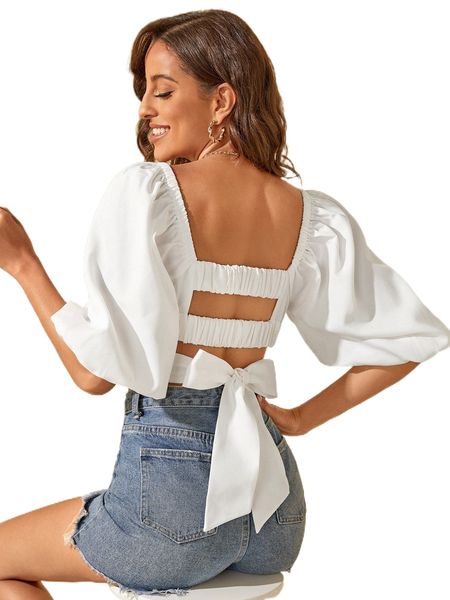 

lantern sleeve tied backless crop o8vl#, White