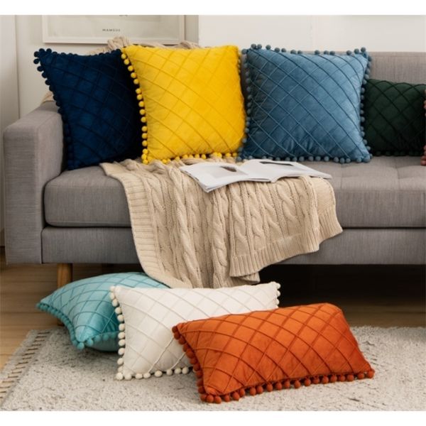 Inyahome cintura de veludo lance travesseiro com pompom cor sólida cor decorativa sofá set quarto fronha azul pillow tillow 220406