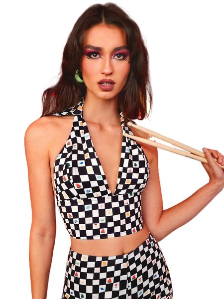 

x julia chen checker and fruit print lace up backless crop halter l6gh#, White