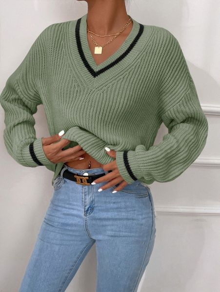 

striped trim drop shoulder cricket sweater w9yt#, White;black