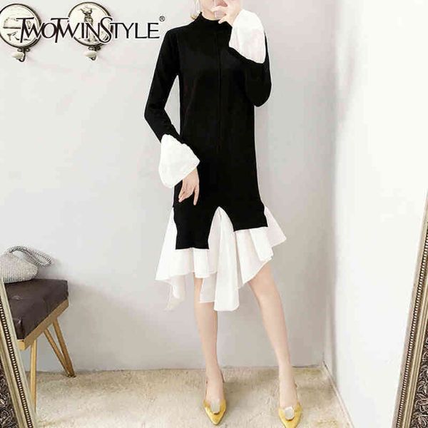 

elegant patchwork ruffle sweater for women turtleneck long sleeve flare hit color slim sweaters female fall 210423, White;black
