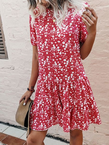 

floral print bishop sleeve ruffle hem smock dress p7cp#, Black;gray