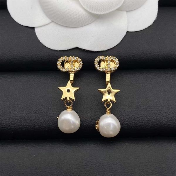 

the new 70% off new fashion letter cd diamond s925 female pearl star tassel earrings, Golden