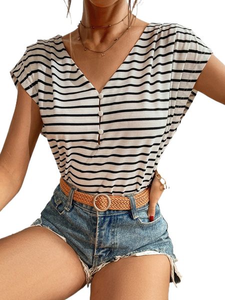 

striped button half placket dolman sleeve tee c2r4#, White
