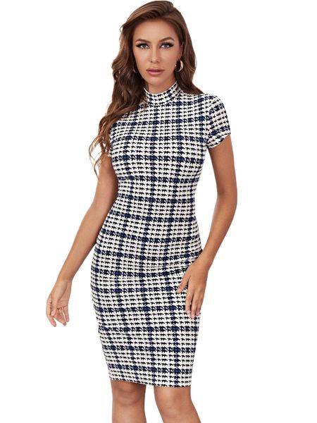 

mock neck houndstooth bodycon dress m0rq#, Black;gray