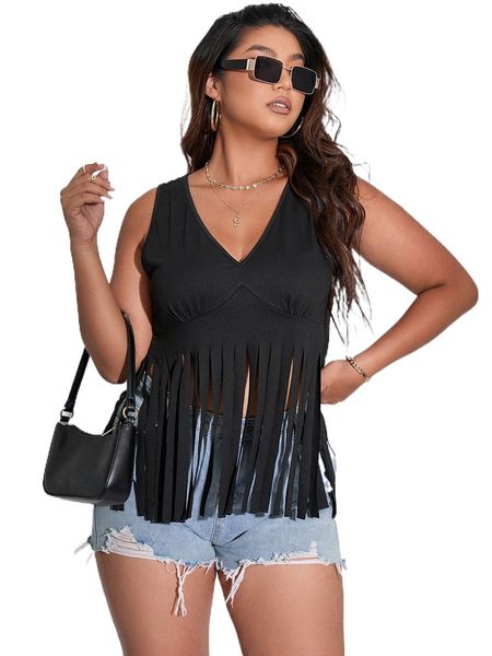 

plus fringe hem tank k1nf#, Black
