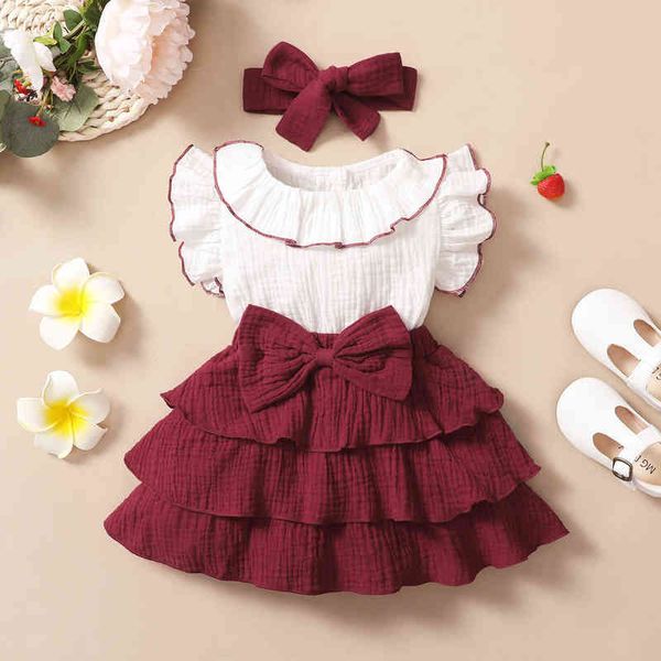 Hibobi Mabd Girls Dress Fring Madller Girl Одежда Set 2pcs Baby Knot Ruffles платья милые рукавочные хлопковые новорожденные принцесса платье Y220510