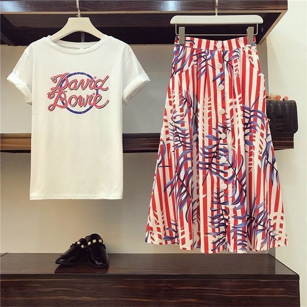 

runway style women two piece sets letter print short tshirt and singlebreasted striped print mid skirt sets, White