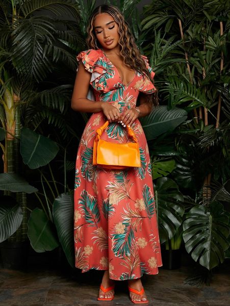 

sxy tropical print deep v neck layered sleeve dress 46dl#, Black;gray