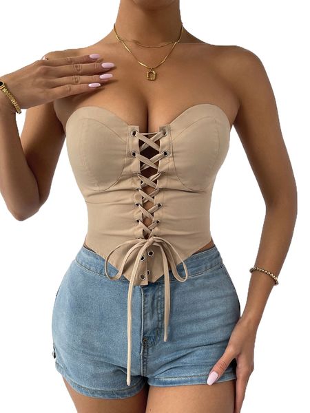 

lace up front shirred back tube s47x#, White