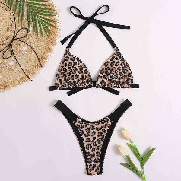 

waist split high leopard print shrink bra with bikini, White;black