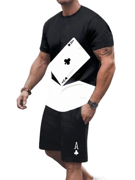

men playing card print tee & shorts j9m0#, Gray