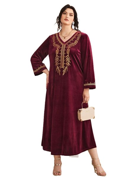 

plus plant embroidered velvet dress l492#, Black