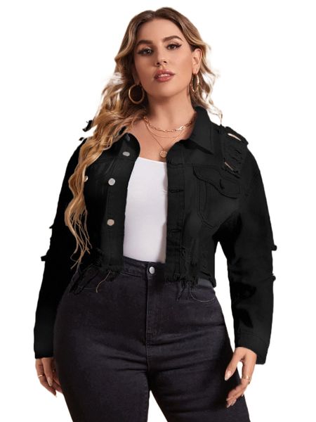 

plus ripped raw cut drop shoulder denim jacket i39k#, Black;brown