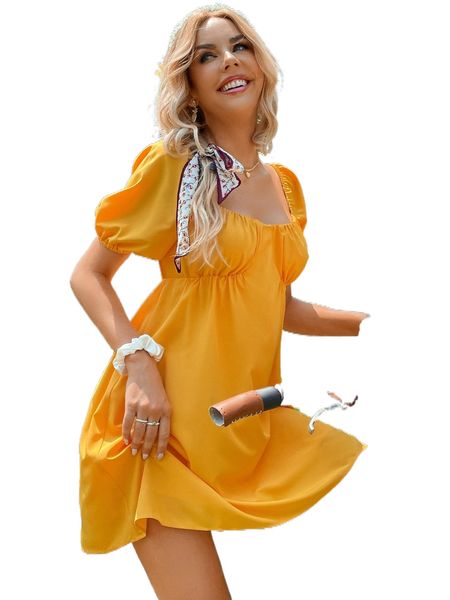 

solid puff sleeve square neck dress z0wu#, Black;gray