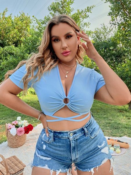 

plus ring detail tie back rib knit tee t8ri#, Black