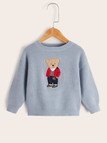 

toddler boys bear embroidery drop shoulder sweater she01, Blue