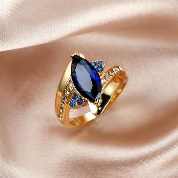 

wedding rings luxury marquise blue zircon stone ring vintage fashion yellow gold crystal engagement for women men jewelry gifts, Slivery;golden