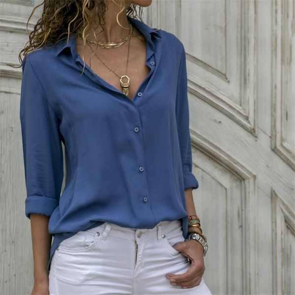 Camicette top da donna Camicie larghe bianche nere Camicia da lavoro a maniche lunghe con risvolto e bottoni Camicia oversize 8XL in chiffon primaverile Blusas Mujer 220407