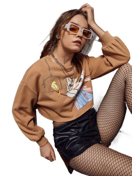 

x tianjian cartoon graphic drop shoulder crop sweatshirt e4zs#, Black