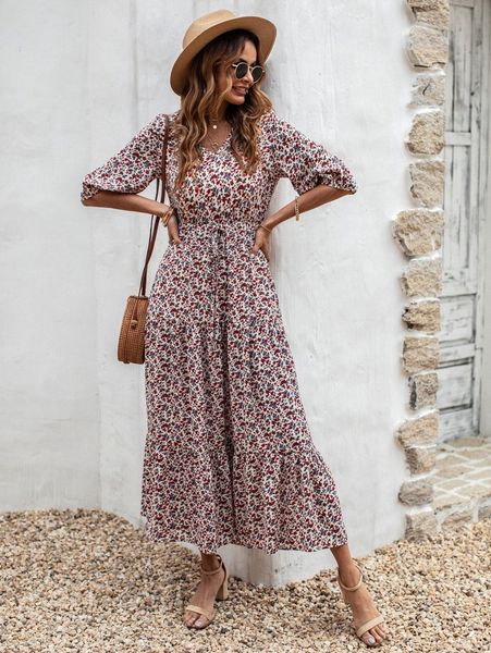 

ditsy floral print drawstring waist v-neck ruffle hem dress 13co#, Black;gray