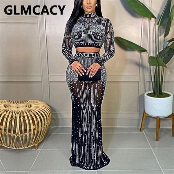 

women two piece mesh diamond embellished dress suits long sleeve crop & maxi skirt set 220506, White