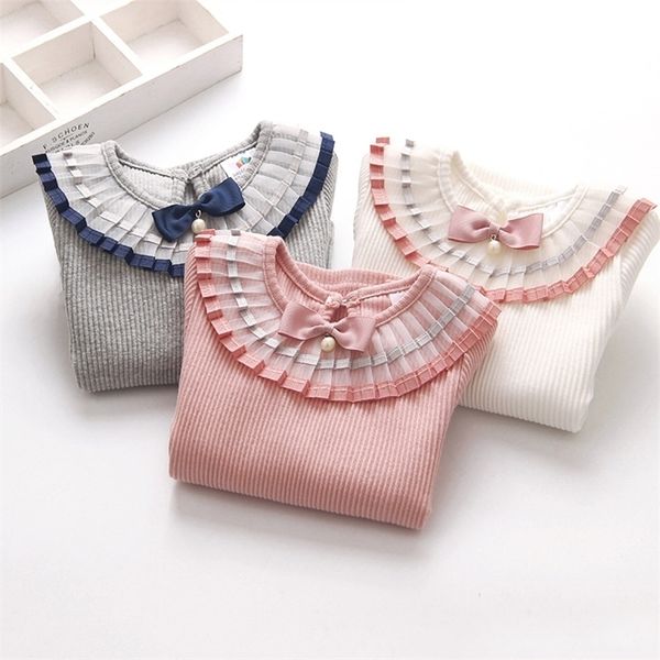 

spring autumn 212t 100% cotton white grey solid color long sleeve pleated turndown collar neck t shirt for girls 10 years 220607, Blue