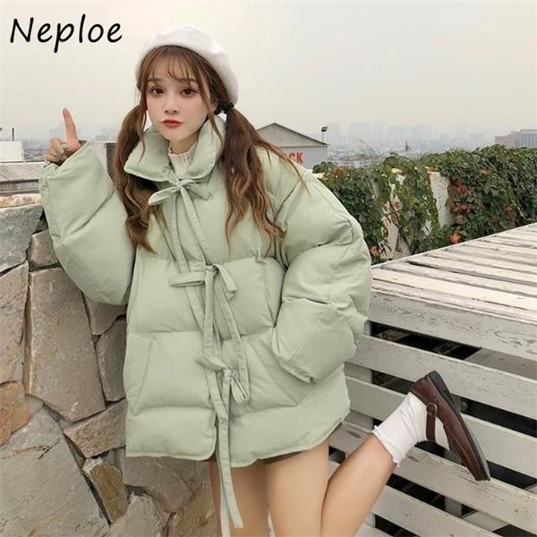 

neploe sweet cute pillow collar drawstring parkas loose winter women jacket solid color fashion double pockets cotton coat lj201127, Black