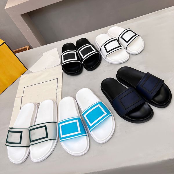 

2022 with box slippers mens womens slider slides sandals rubber and fur designer flat sole slipper paris piscine pool slide sandal 3d emboss, Black