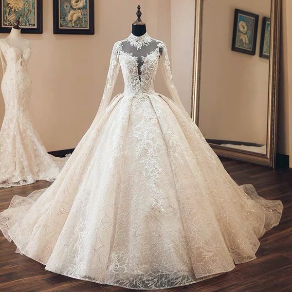 

elegant long sleeve ball gown wedding dresses bridal gowns v neck lace appliques sequins high collar plus size robe de mariee custom made, White