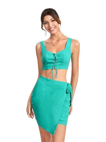 

x the moon in leo grommet lace up crop tank & wrap knot side skirt v56k#, White
