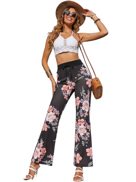 

drawstring waist floral print pants c9a3#, Black;white