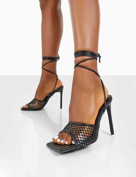 

sandals slippers high heels designer women fashion mesh square toe pumps cross strap thin heeled sandals female shoes 220530, Black
