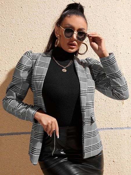 

sxy glen plaid gigot sleeve blazer 478h#, White