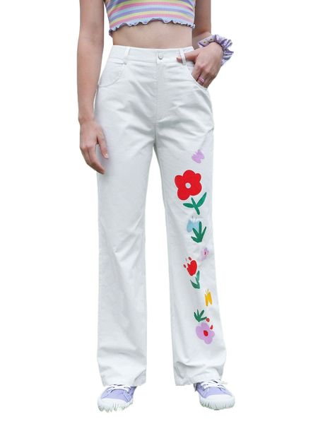 

mod floral print straight leg pants q86m#, Black;white