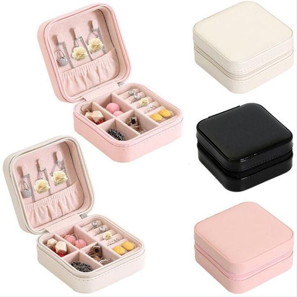 

portable small jewelry box women travel jewellery organizer pu leather mini case rings earrings necklace holder display storage cases boxes, Black;white