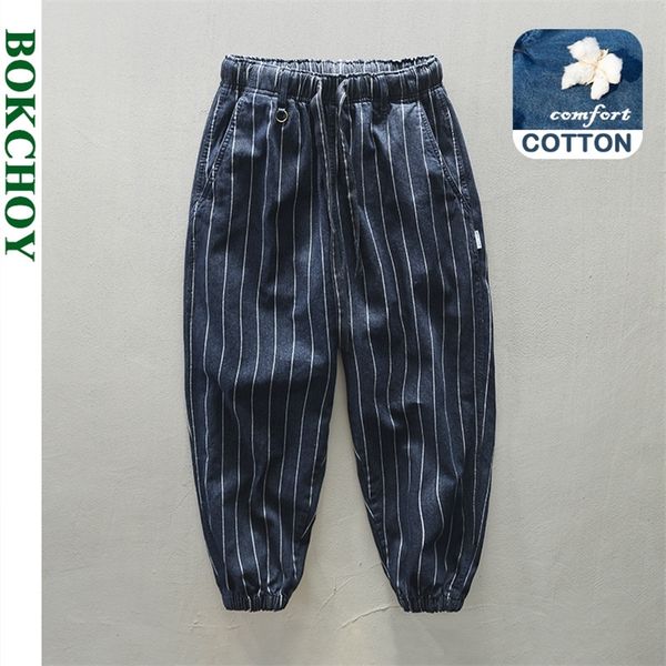 

autumn winter pure cotton men striped harem pants retro blue male casual loose mid waist trouser ga-z377 220429, Black