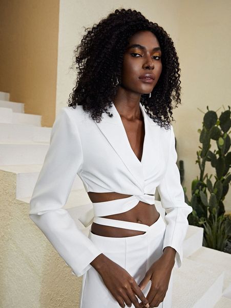 

notched collar twist crisscross tie back blazer t4ej#, White