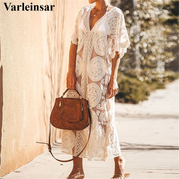 

new white v neck lace embroidery tunic beach cover up cover-ups beach dress beach wear beachwear female women v3330, White;black