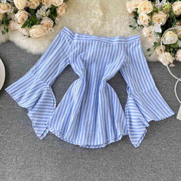 

women's blouses shirts trendy t-shirt women's design sense of minority irregular trumpet sleeve stripe off shoulder shirt b4r0, White