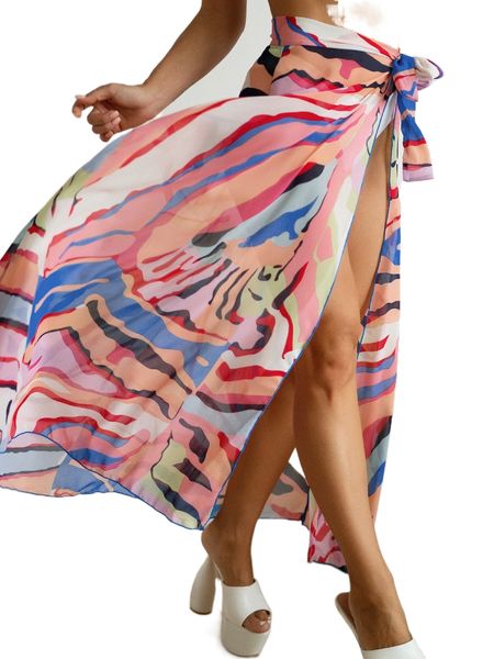 

random allover print knot side split thigh cover up 073a#, White;black