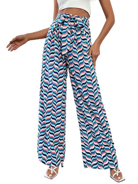 

allover print tie front wide leg pants y5fn#, Black;white