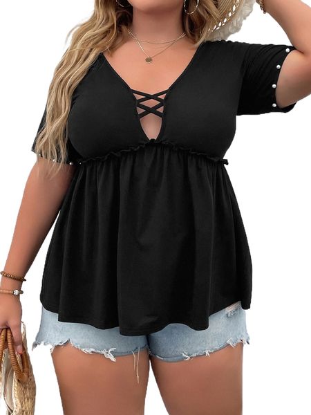 

plus crisscross pearls peplum tee e1qw#, Black