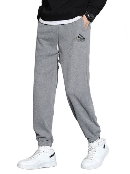 

men mountain & letter graphic drawstring waist pants d217#, Black