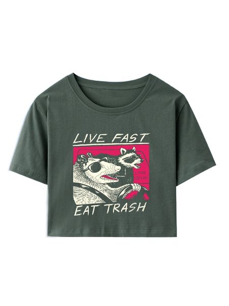 

romwe x vincenttrinidadart slogan animal graphic crop tee x0mo#, White