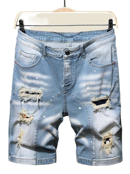 

men ripped frayed splash ink print denim shorts m0vb#, White;black
